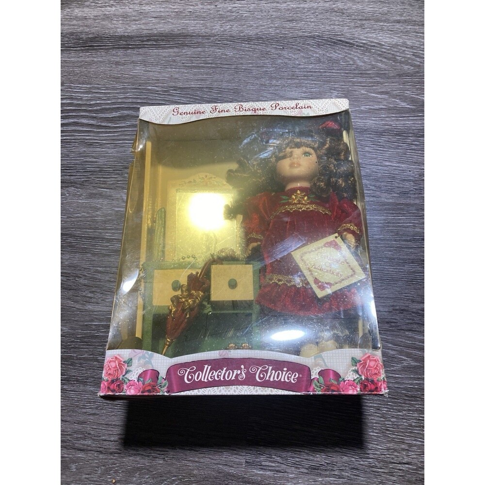 Collectors Choice Genuine Bisque Porcelain Doll With Wood Dressing Table W/ COA